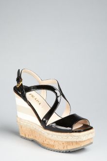 Prada Black and Cream Patent Leather Espadrille Cork Wedges - Lyst