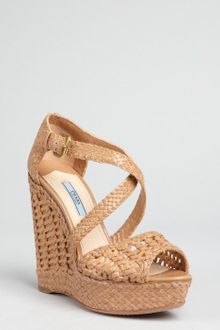 Prada Nude Woven Leather Peep Toe Wedge Sandals - Lyst