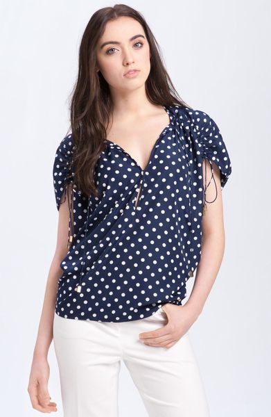 Vince Camuto Dot Drawstring Sleeve Blouse in Blue (blue night) - Lyst