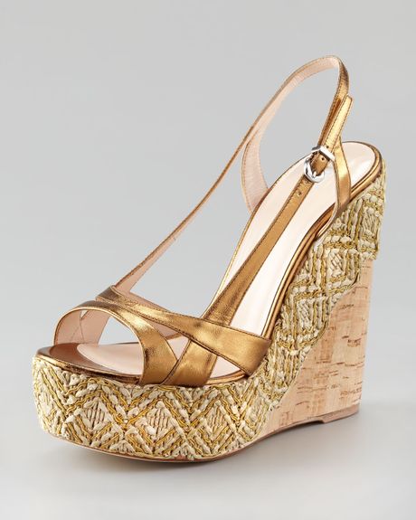 Giorgio Armani Woven Cork Wedge Slingback Sandal in Gold (bronze) - Lyst