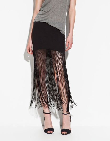Zara Fringed Skirt in Black | Lyst