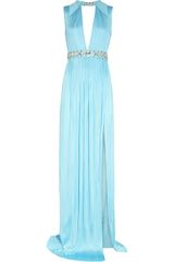 Versace Leather Trimmed Pleated Satin Jersey Gown