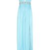 Versace Leather Trimmed Pleated Satin Jersey Gown in Blue - Lyst