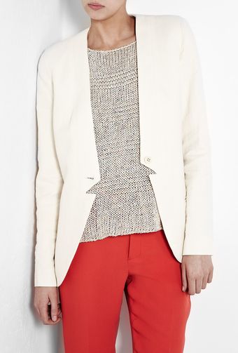  Elongated Asymetric Lapel Twill Blazer 