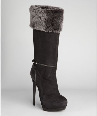  Black Leather with Faux Fur Lining Stiletto Heel Boots 