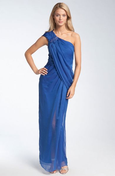 Tadashi Shoji One Shoulder Draped Chiffon Gown in Blue (blue berry) - Lyst
