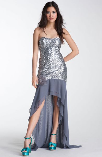 Way-in Strapless Sequin Chiffon Trane Gown in Silver (gunmetal grey) - Lyst