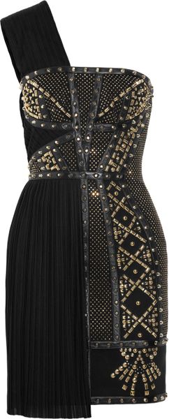 Versace Leathertrimmed Studded Plissé and Scubajersey Dress in Black - Lyst