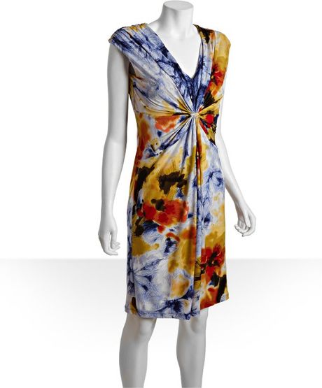 Calvin Klein Sketch Print Stretch Jersey Gathered Front Dress in Blue - Lyst
