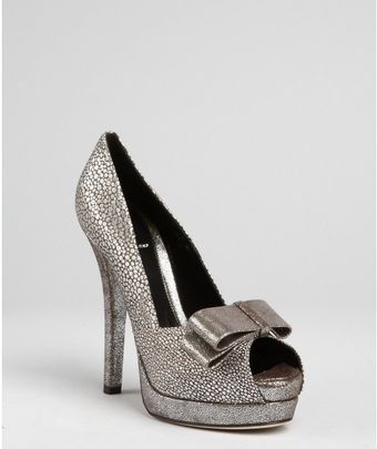  Silver Brocade Platform Peep Toe Pumps 