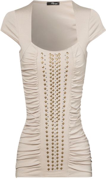 Jane Norman Beige Stud Detail Ruched Top in Beige - Lyst