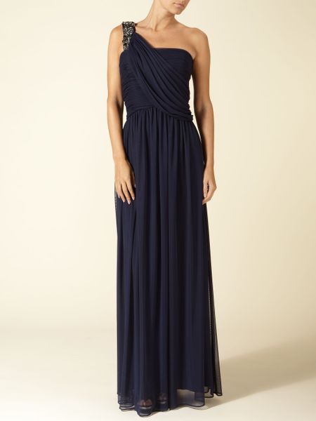 Js Collections Mesh One Shoulder Draped Beaded Dress in Blue (navy) | Lyst