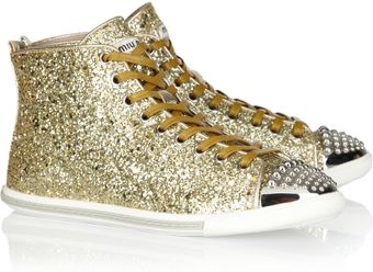 Miu Miu Glittered Leather Hightop Sneakers - Lyst