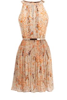 Oasis Bird Pleated Belted Dress - Lyst