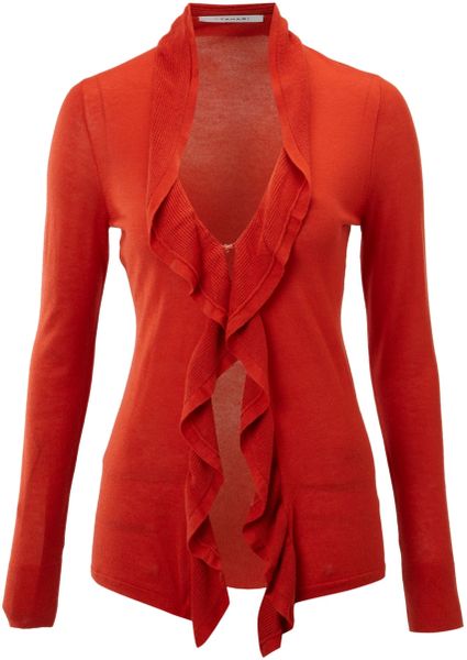 T Tahari Ruffle Front Knit Cardigan in Red - Lyst