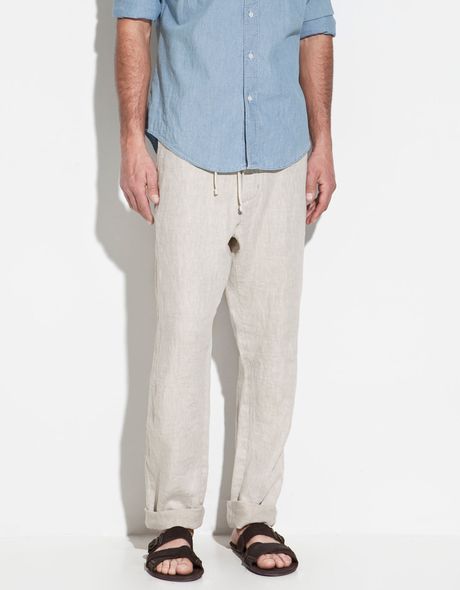 Zara Linen Trousers with Drawstring in Beige for Men ...