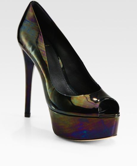 B Brian Atwood Patent Leather Peep Toe Platform Pumps in Gold (black) - Lyst