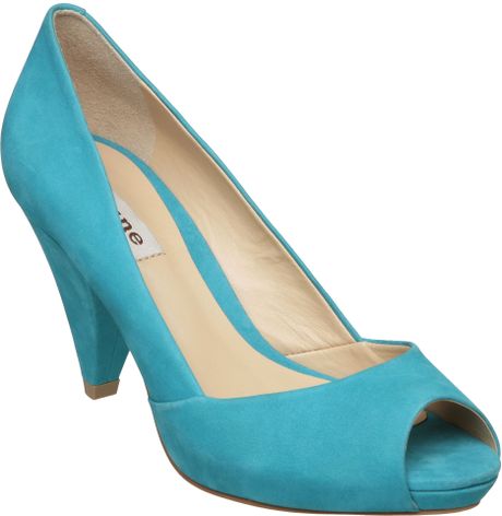 Dune Carlie D Low Cone Heeled Peep Toe Court Shoes in Blue (turquoise)