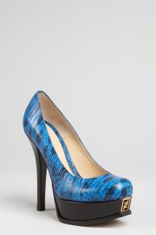 Fendi Sea Blue Lizard Embossed Leather Logo Platform Pumps - Lyst