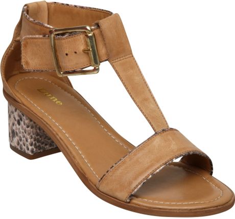 Dune Fenton D T Bar Snake Leather Mix Sandals in Brown (tan) - Lyst