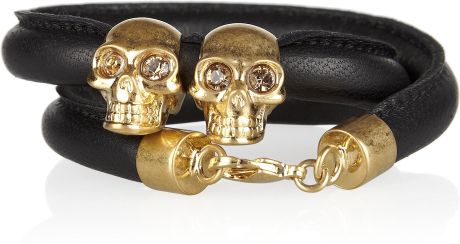 Alexander Mcqueen Skull Charm Leather Wrap Bracelet in Black - Lyst