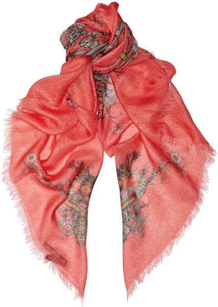 Alexander Mcqueen Printed Modal and Cashmereblend Scarf in Red (coral) - Lyst