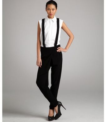   Stretch Pleat Front Silk Trim Slim Leg Suspender Pants 