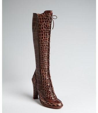 Celine Aztec Cocoa Croc Embossed Leather Lace Up Tall Boots - Lyst