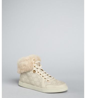  Bone Guccissima Leather Coda Rabbit Fur Trimmed High Top Sneakers 