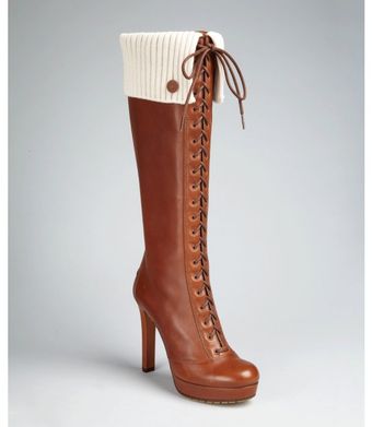  Cognac Leather Laceup Knit Top Boots 