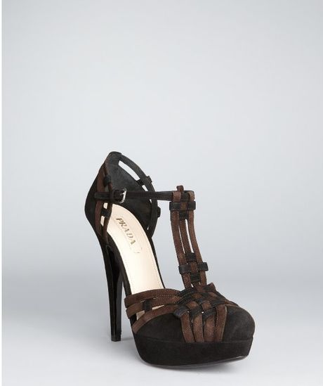 Prada Black and Ebony Suede Platform Tstrap Pumps in Black - Lyst