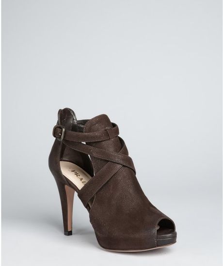 Prada Chocolate Leather Peep Toe Cutout Booties in Brown (chocolate) - Lyst