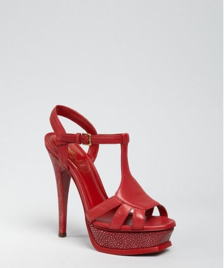 Yves Saint Laurent Poppy Leather and Stingray Tribute 105 Platform Sandals in Red (poppy) - Lyst