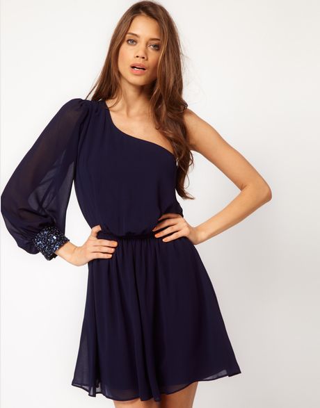 Asos Collection Asos One Shoulder Dress with Sequin Cuff in Blue (navy) - Lyst