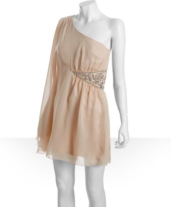  Champagne Chiffon Beaded Waist One Shoulder Dress 