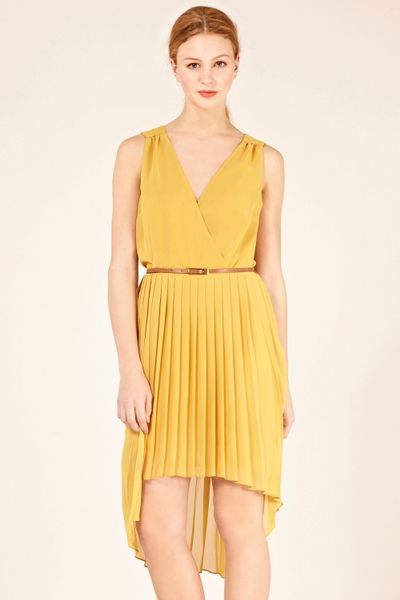 Oasis Wrap Belted Pleat Midi Dress in Yellow