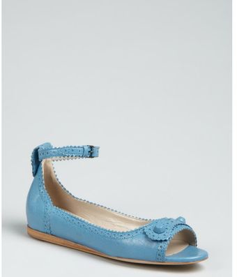  Blue Leather Peep Toe Ankle Strap Flats 