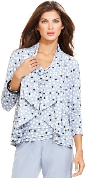 Ellen Tracy Three Quarter Sleeve Printed Open Front Cardigan in Blue - Lyst