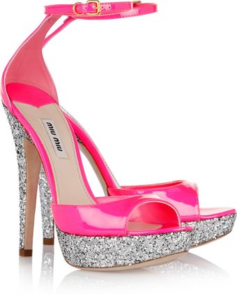 Miu Miu Glitterfinish Patent Leather Sandals - Lyst