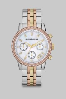 Michael Kors Crystal Accented Tritone Stainless Steel Chronograph Watch - Lyst
