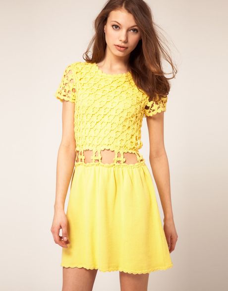 Asos Collection Asos Crochet Village Fit and Flare Dress in Yellow - Lyst