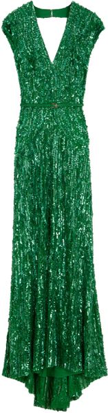Elie Saab Cap Sleeve Vneck Beaded Dress  in Green - Lyst