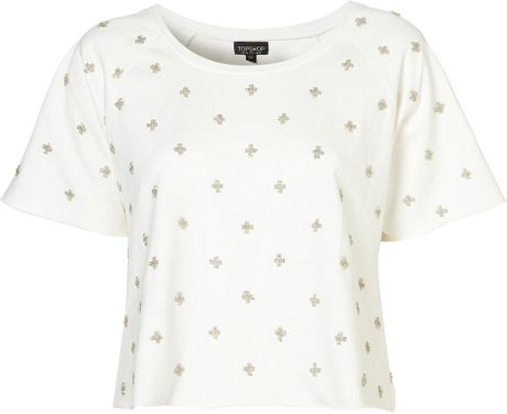 Topshop Embellished Cross Sweat in Beige (white) - Lyst
