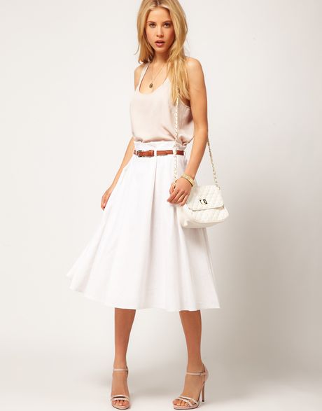 Asos Collection Asos Linen Midi Skirt with Belt in White - Lyst