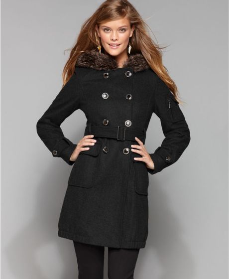Steve Madden Double Breasted Belted Wool Blend Faux Fur Trim Hood in Black - Lyst