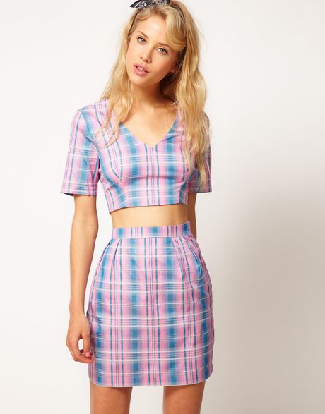 Asos Collection Asos Taffeta Crop Top with Check Print in Blue (print) - Lyst