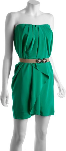  Emerald Pleated Silk Belted Strapless Dress 