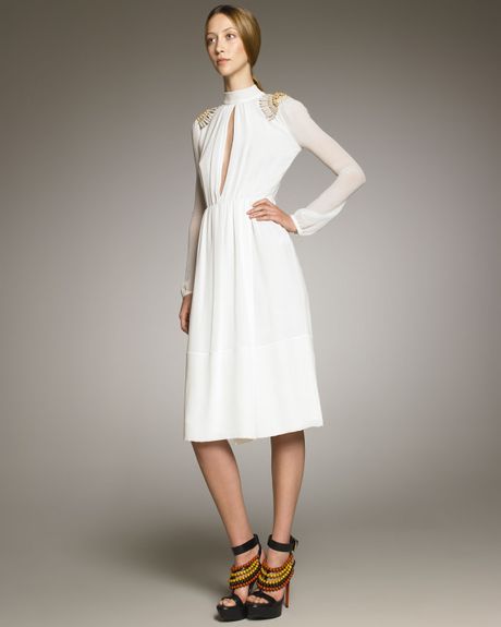 Burberry Prorsum Shoulderdetail Georgette Dress in White - Lyst