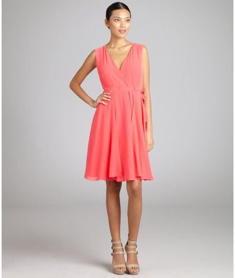 Celine Pink Chiffon Sleeveless Surplice Vneck Dress in Pink - Lyst