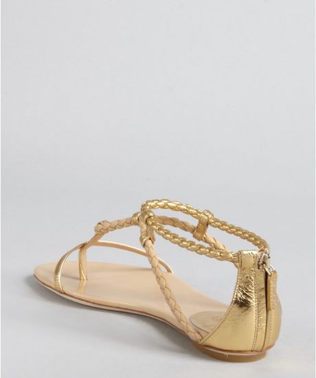 Gucci Gold and Light Powder Braided Leather Flat Sandals in Gold ...